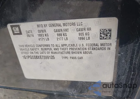 2014 Chevrolet Cruze Ltz из США, поврежденный, VIN 1G1PG5SBXE7399125